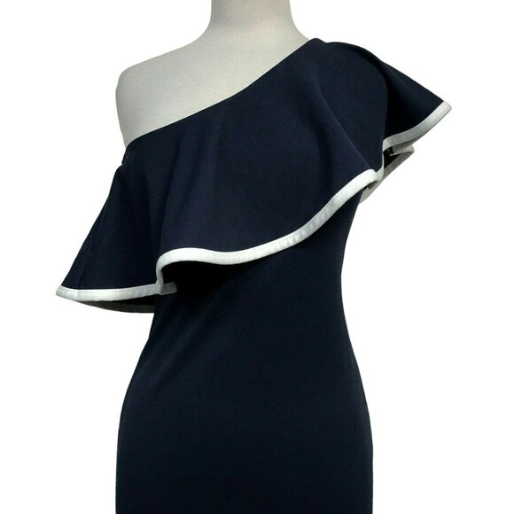Quiz Nautical One Shoulder Large Collar Mermaid Hem Navy & White Dress Sz 6 NEW - Picture 5 of 8